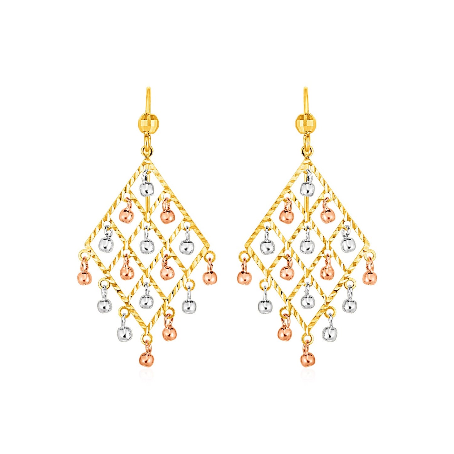 Textured Chandelier Earrings with Ball Drops in 14k Tri Color Gold